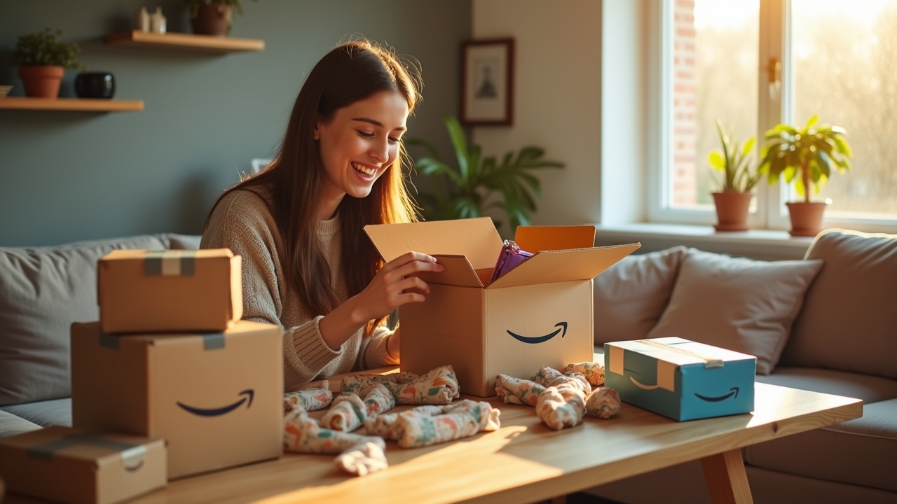 Person unboxing Amazon items
